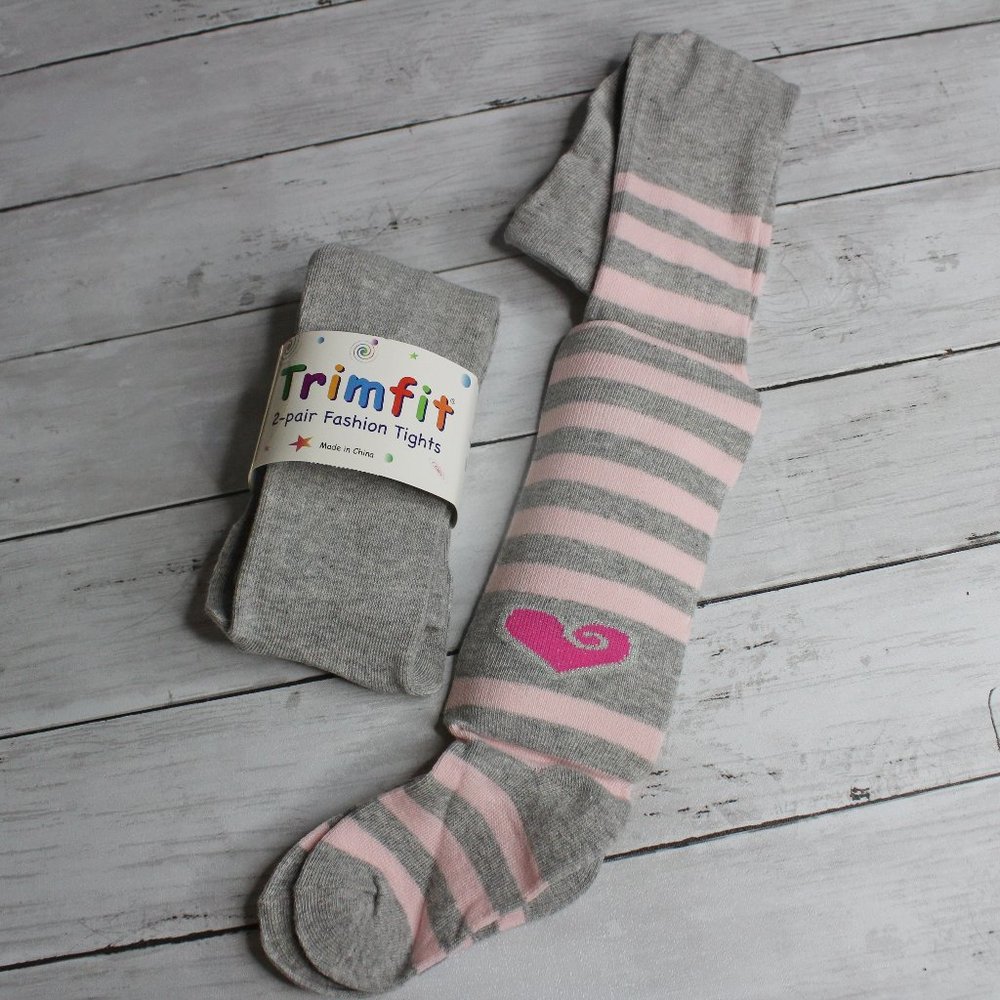Trimfit Girl's Knit Tights Youth Size 4-6 Solid Gray Pink Stripe Heart